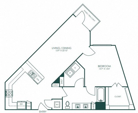 Floor plan for 1 bed, 1 bath, 935 sqft